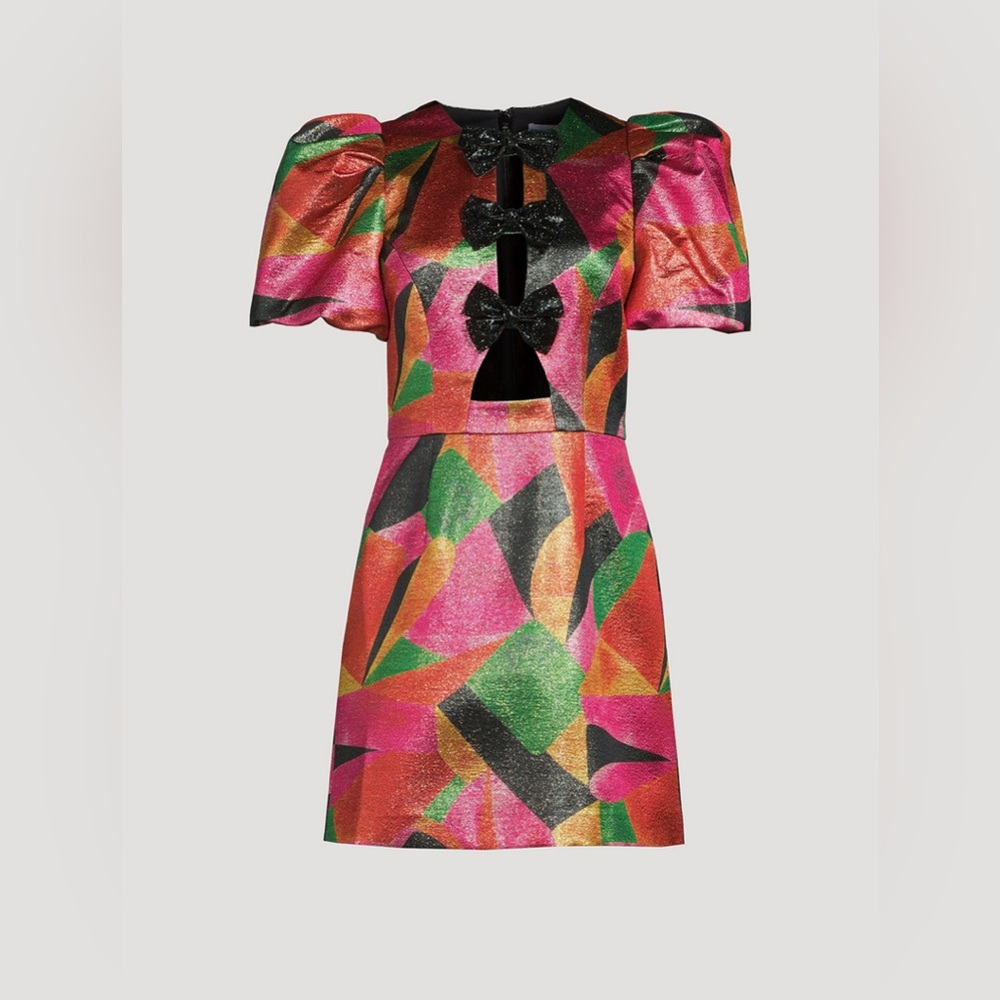 Rebecca Vallance Copacabana Bow Mini Dress in a geometric metallic print